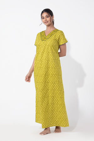 Green Monotone Floral Printed Cotton Nighty