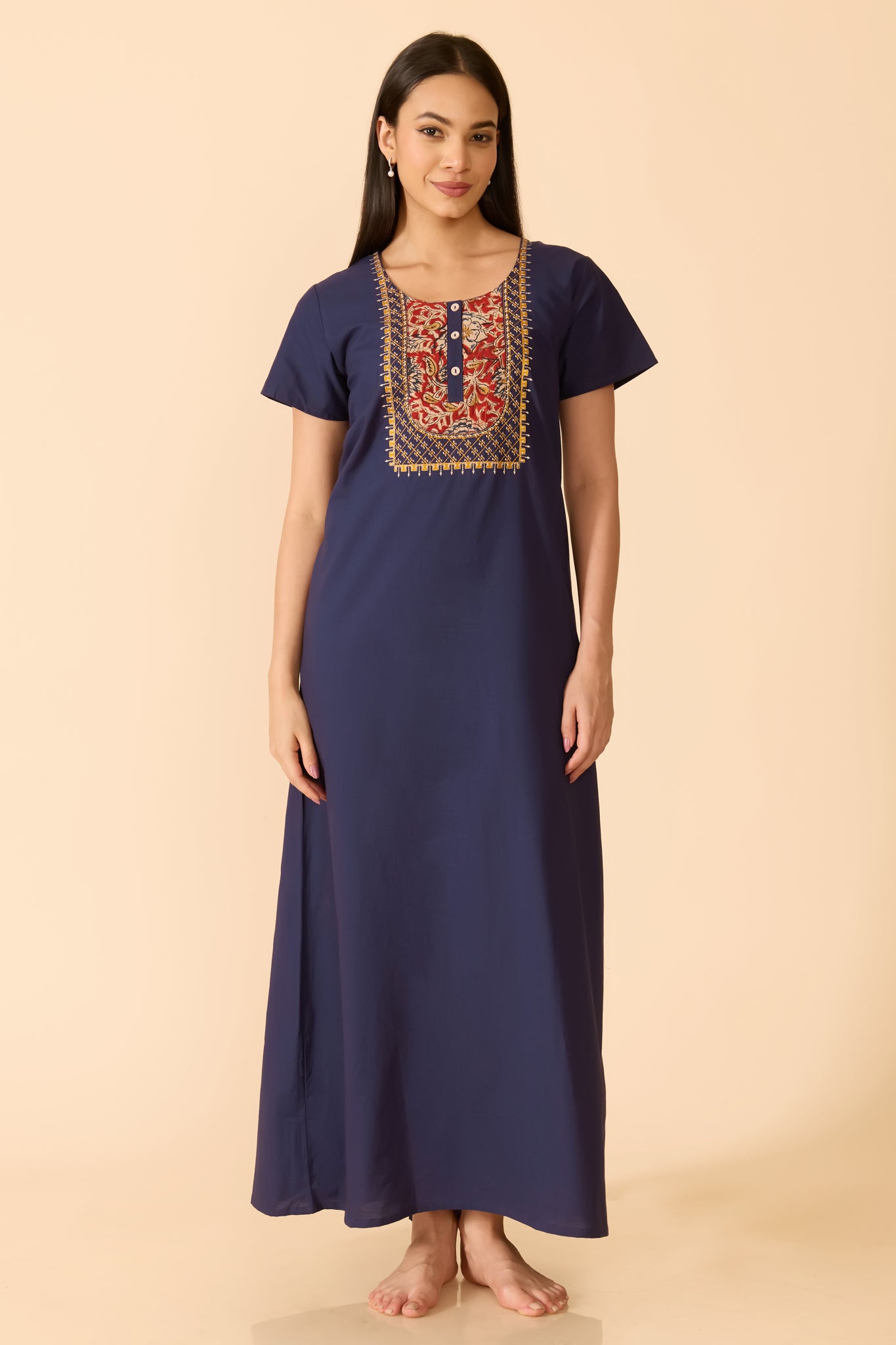 BLUE COTTON KALAMKARI YOKE NIGHTWEAR