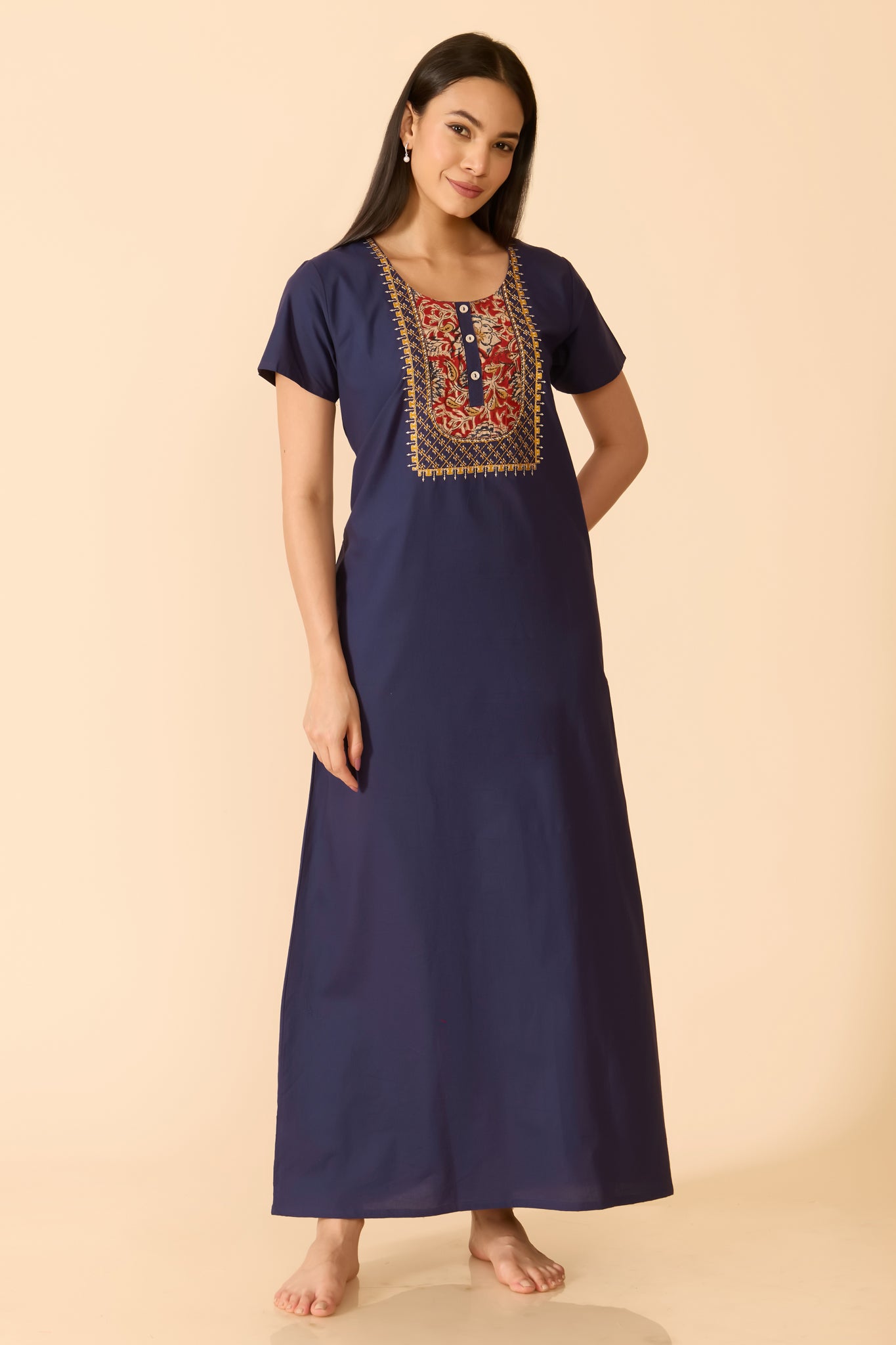 BLUE COTTON KALAMKARI YOKE NIGHTWEAR