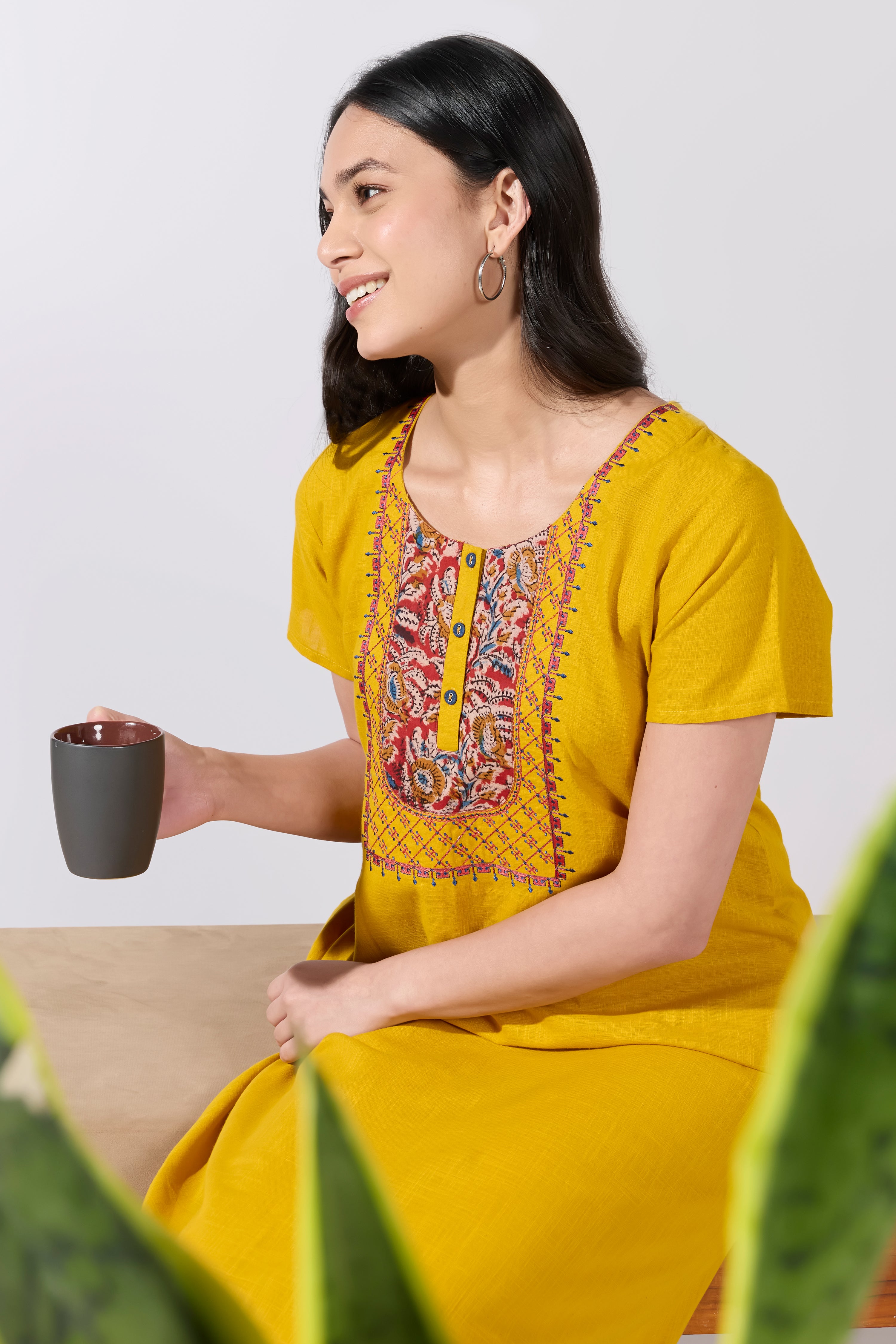 MUSTARD COTTON KALAMKARI YOKE NIGHTWEAR