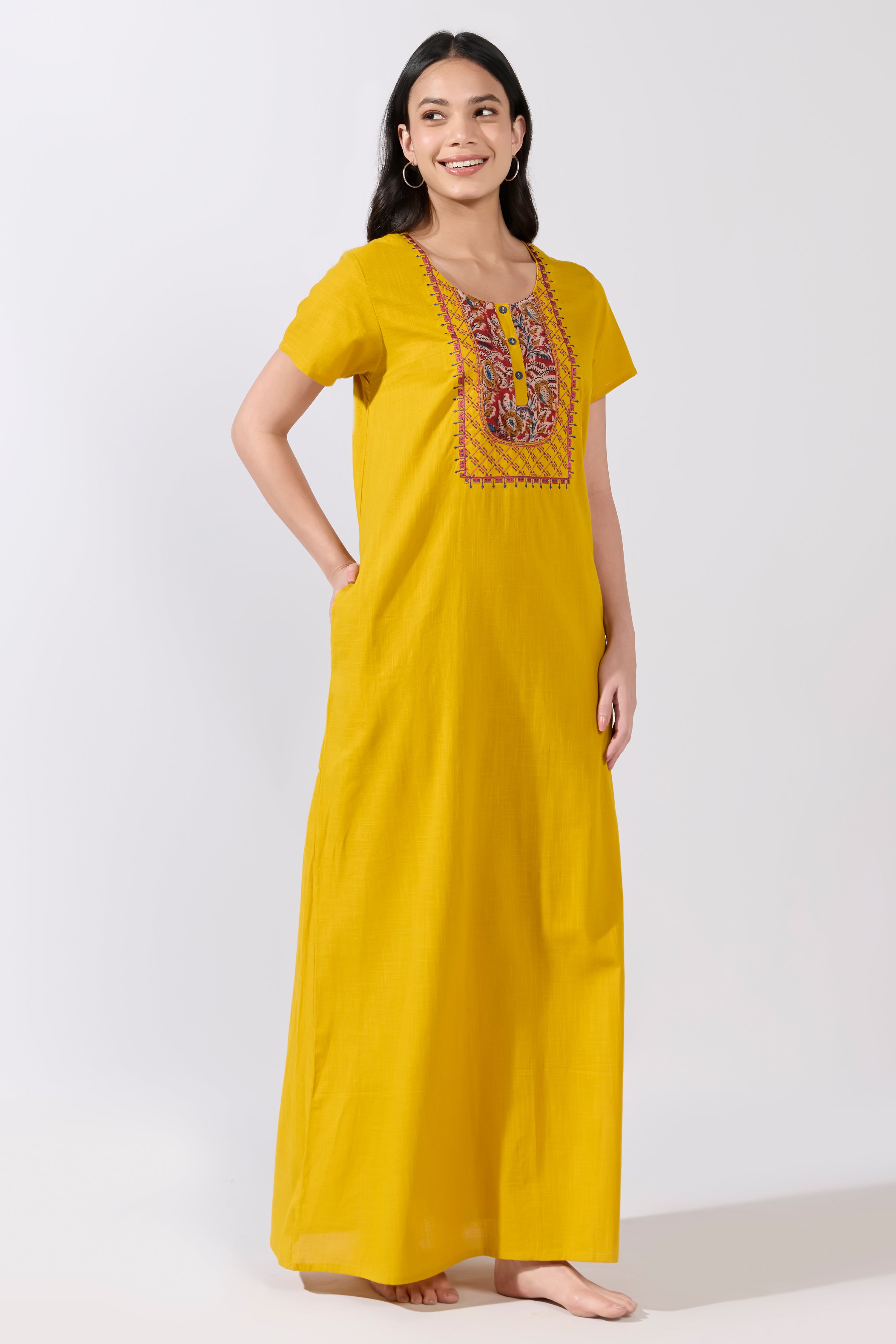 MUSTARD COTTON KALAMKARI YOKE NIGHTWEAR