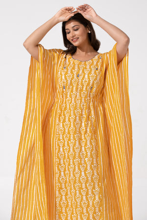 Mustard Kaftan Nighty with Foil Mirror Yoke