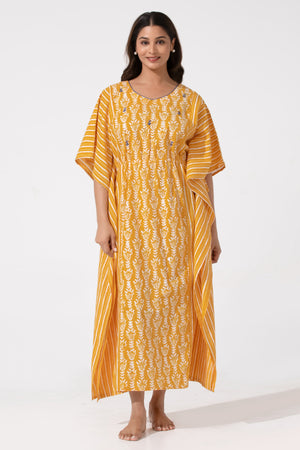 Mustard Kaftan Nighty with Foil Mirror Yoke