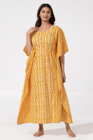 Mustard Kaftan Nighty with Foil Mirror Yoke