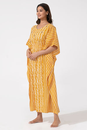 Mustard Kaftan Nighty with Foil Mirror Yoke