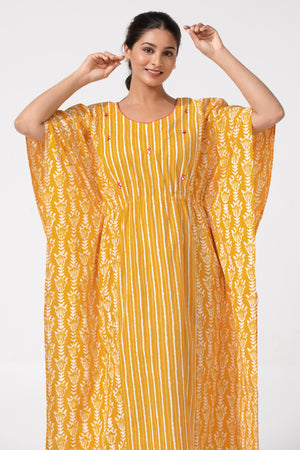 Mustard Kaftan Nighty with Stripe Print & Foil Mirror Yoke