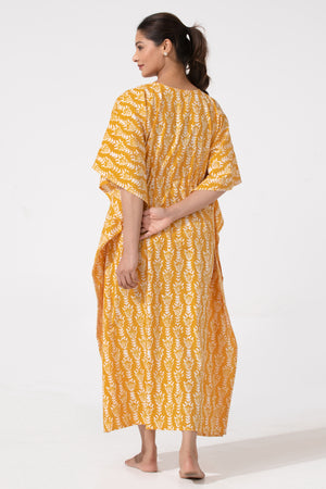 Mustard Kaftan Nighty with Stripe Print & Foil Mirror Yoke