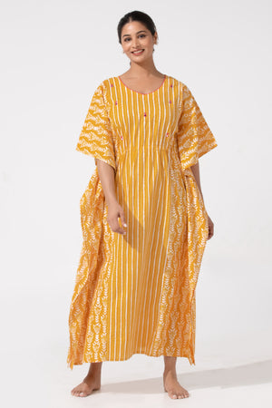 Mustard Kaftan Nighty with Stripe Print & Foil Mirror Yoke