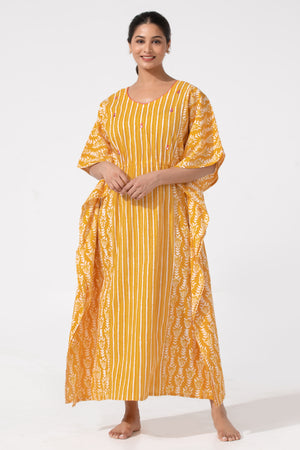 Mustard Kaftan Nighty with Stripe Print & Foil Mirror Yoke