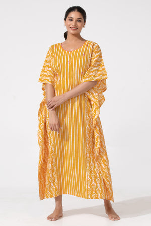 Mustard Kaftan Nighty with Stripe Print & Foil Mirror Yoke