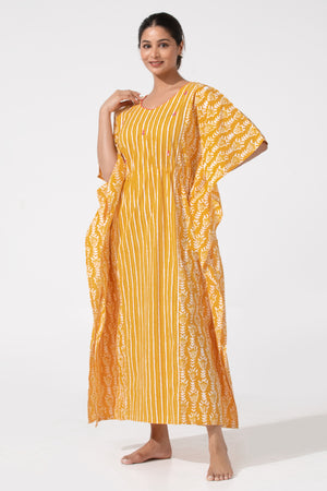 Mustard Kaftan Nighty with Stripe Print & Foil Mirror Yoke