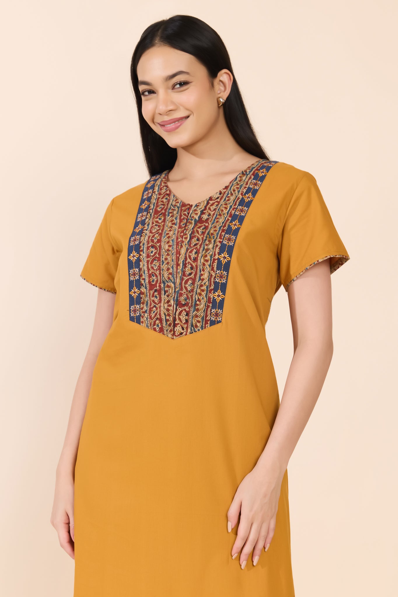 MUSTARD SOLID KALAMKARI YOKE COTTON NIGHTWEAR
