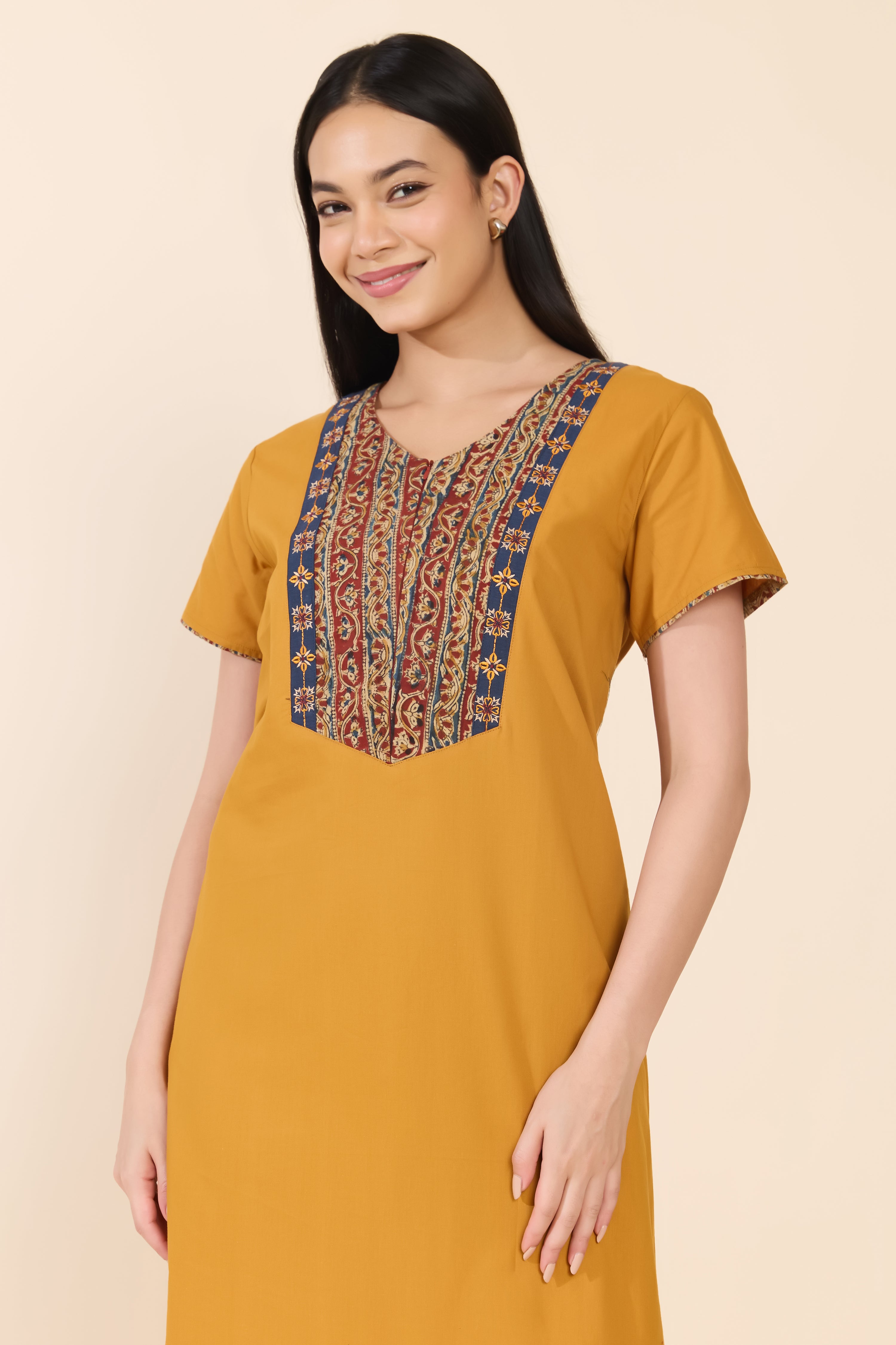 MUSTARD SOLID KALAMKARI YOKE COTTON NIGHTWEAR