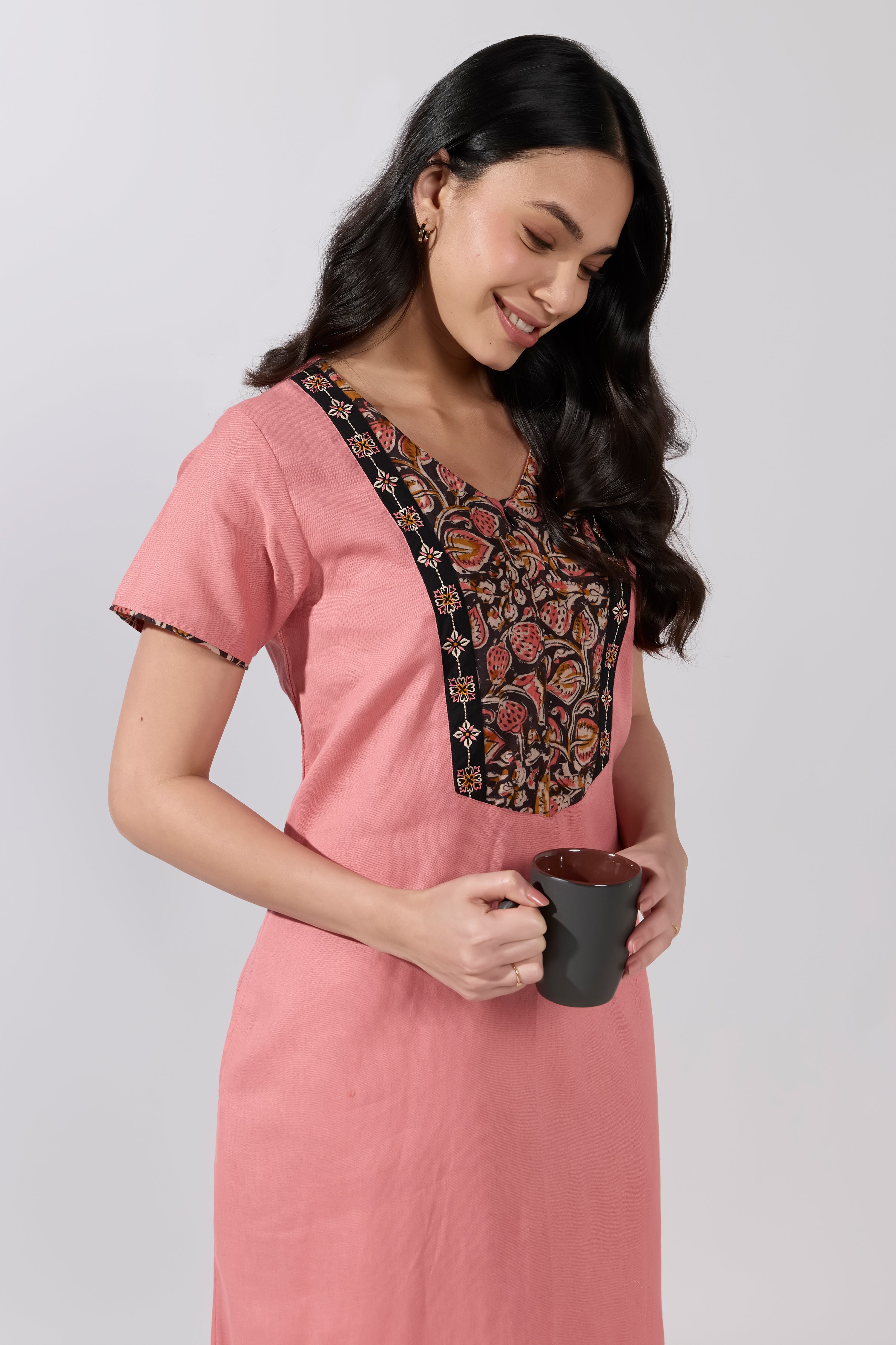 PINK COTTON NIGHTWEAR WITH KALAMKARI YOKE