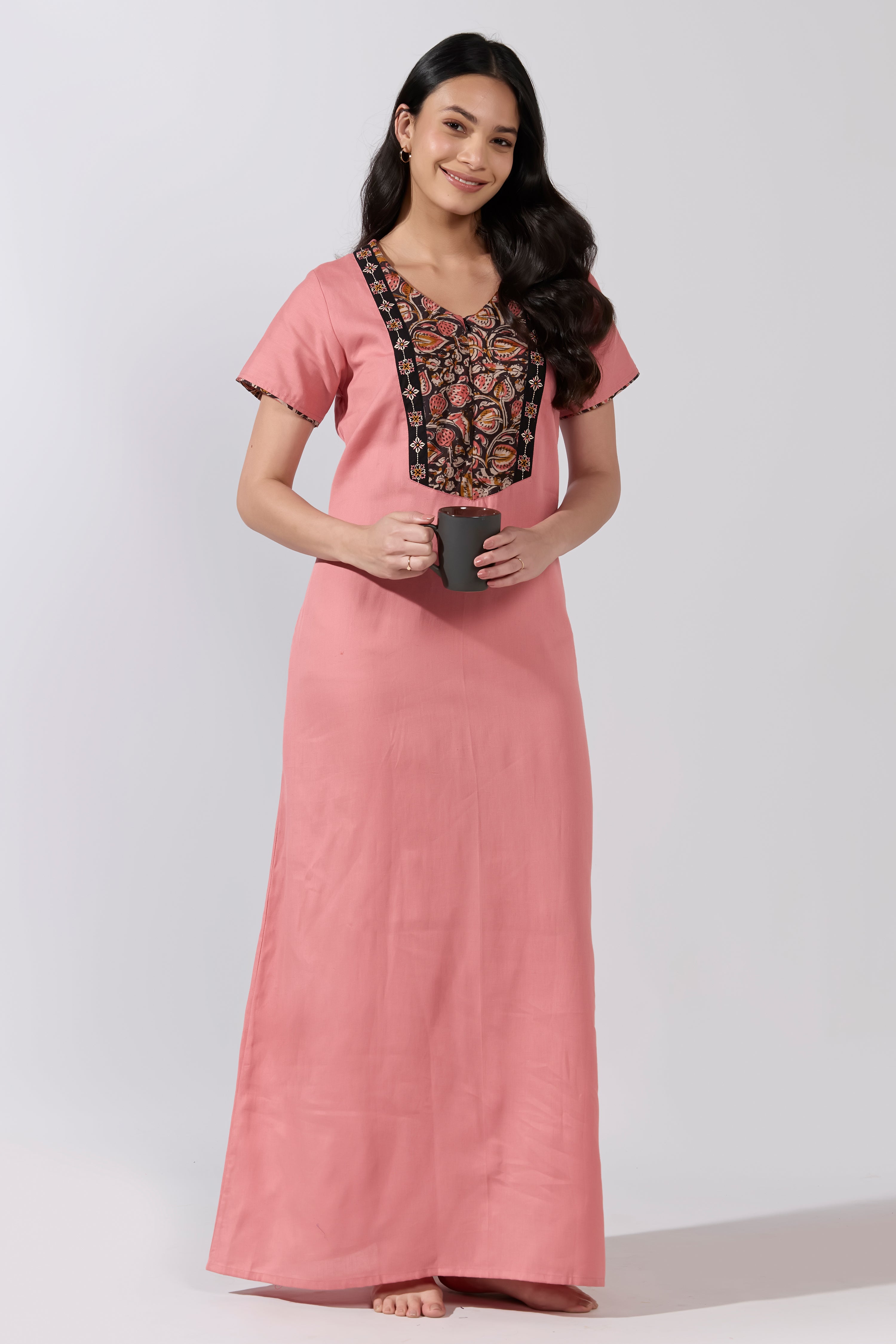 PINK COTTON NIGHTWEAR WITH KALAMKARI YOKE