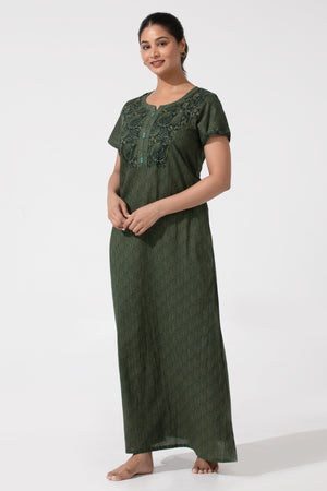 Green Printed Cotton Nighty with Button Yoke & Relaxed Fit