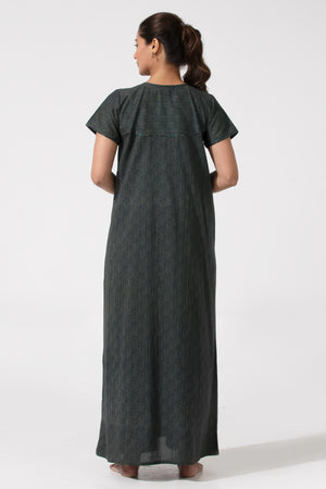 Navy Blue Printed Cotton Nightwear with Button Yoke