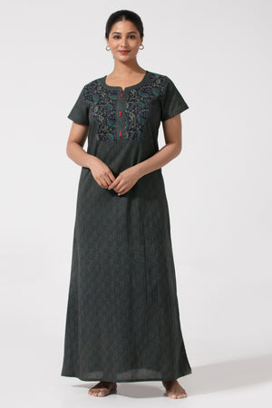 Navy Blue Printed Cotton Nightwear with Button Yoke