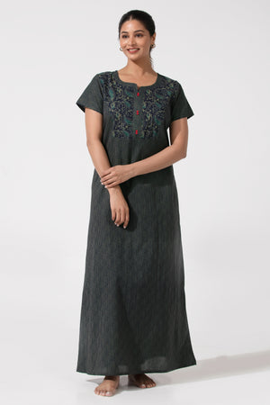 Navy Blue Printed Cotton Nightwear with Button Yoke