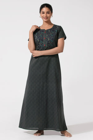 Navy Blue Printed Cotton Nightwear with Button Yoke