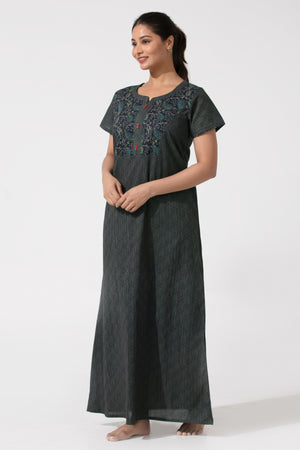 Navy Blue Printed Cotton Nightwear with Button Yoke