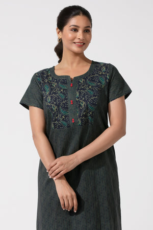 Navy Blue Printed Cotton Nightwear with Button Yoke