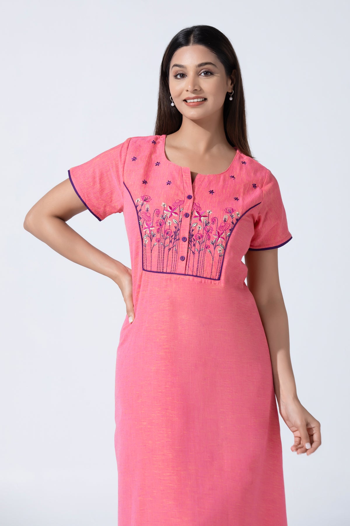 Pink Solid Cotton Nightwear With Floral Embroidery