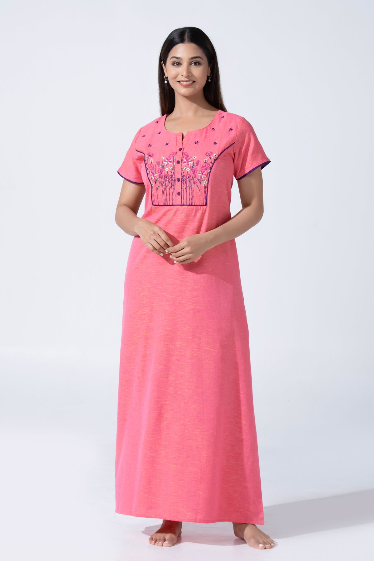 Pink Solid Cotton Nightwear With Floral Embroidery