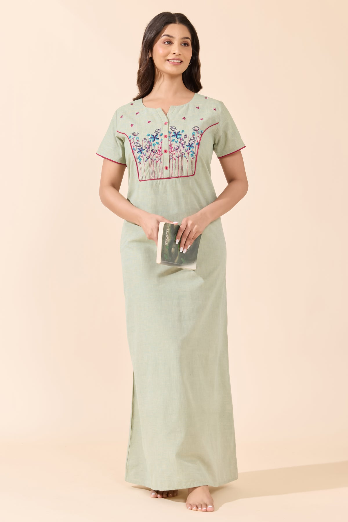 Green Solid Cotton Nightwear With Floral Embroidery