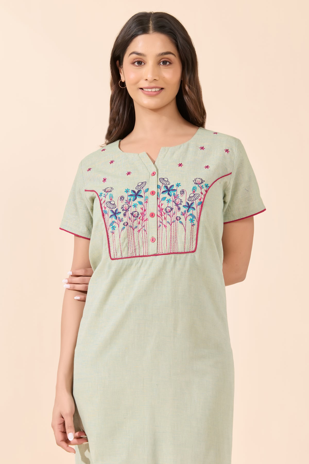 Green Solid Cotton Nightwear With Floral Embroidery