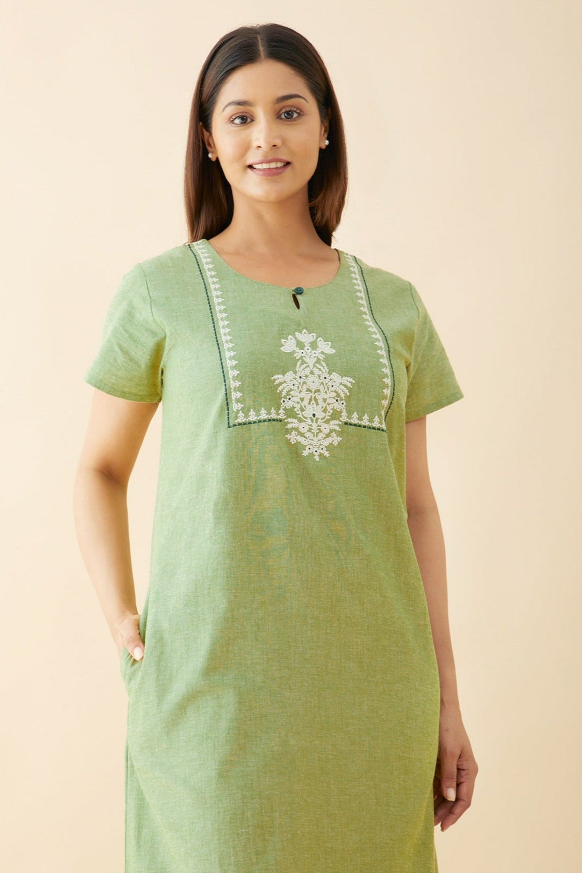 Monochrome Nighty with Floral Embroidered Yoke Green