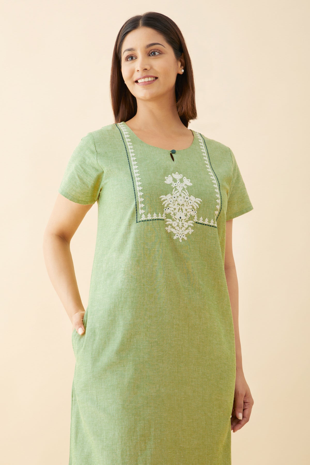 Monochrome Nighty with Floral Embroidered Yoke Green
