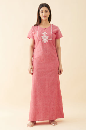Monochrome Nighty with Floral Embroidered Yoke Pink
