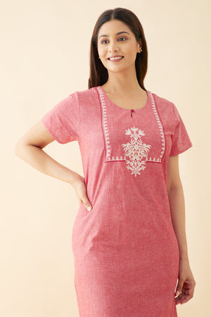 Monochrome Nighty with Floral Embroidered Yoke Pink