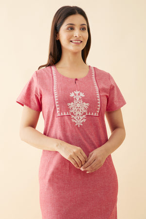 Monochrome Nighty with Floral Embroidered Yoke Pink