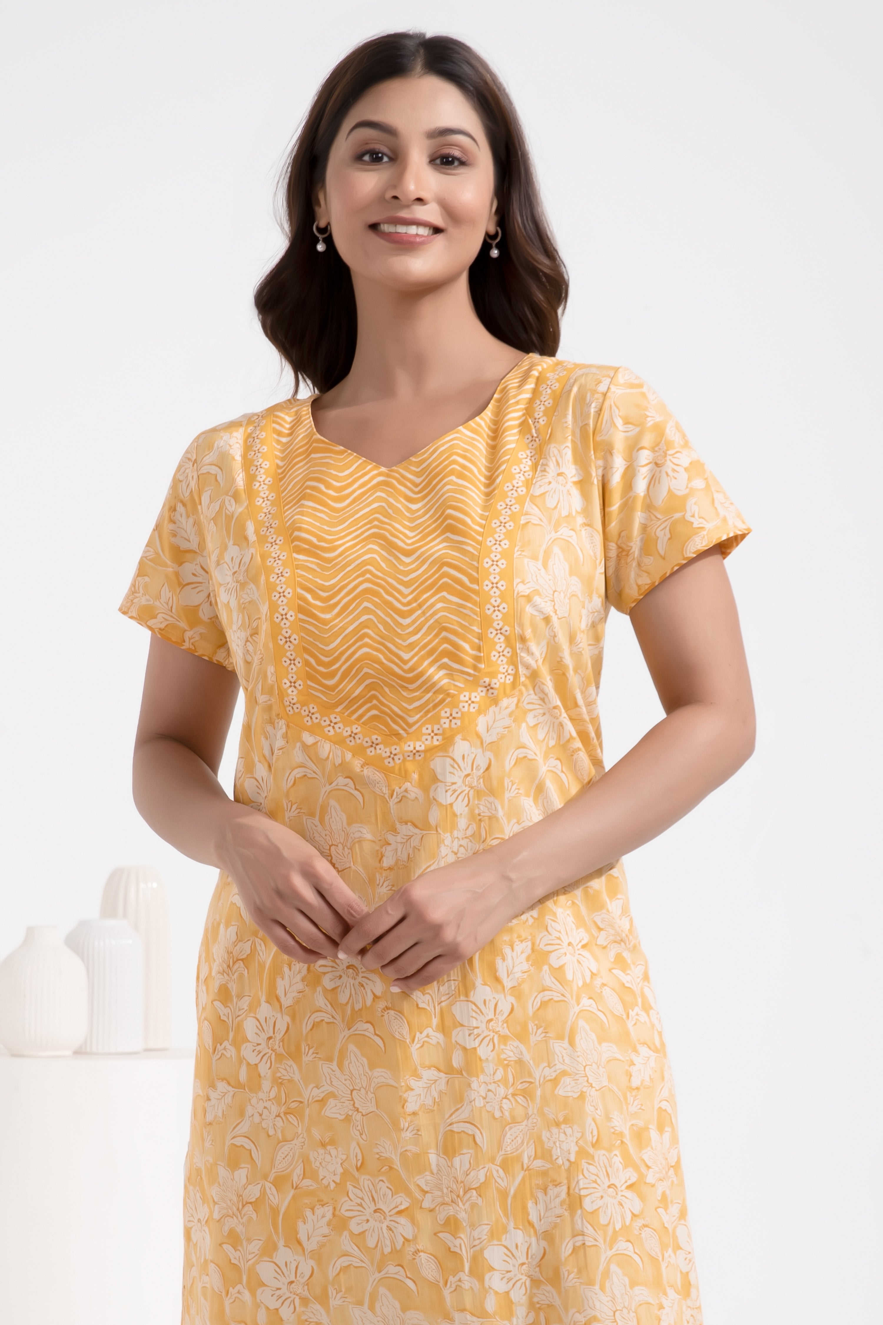 Floral Printed Pastel Yellow Cotton Nighty