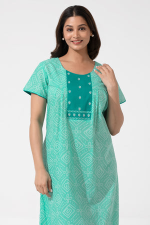 Bandhej Printed Green Nighty with Embriodered Yoke Design