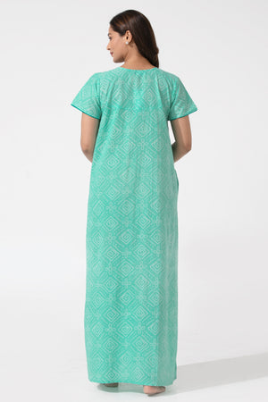 Bandhej Printed Green Nighty with Embriodered Yoke Design