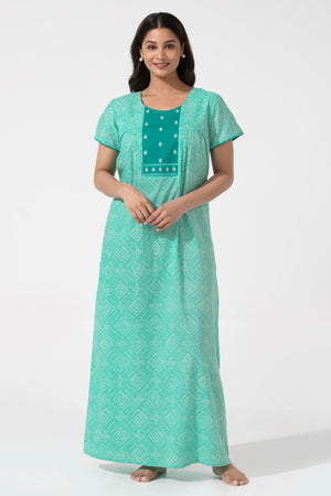 Bandhej Printed Green Nighty with Embriodered Yoke Design
