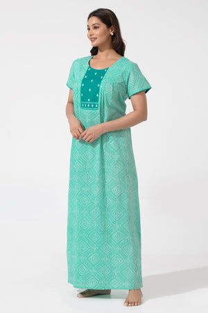 Bandhej Printed Green Nighty with Embriodered Yoke Design