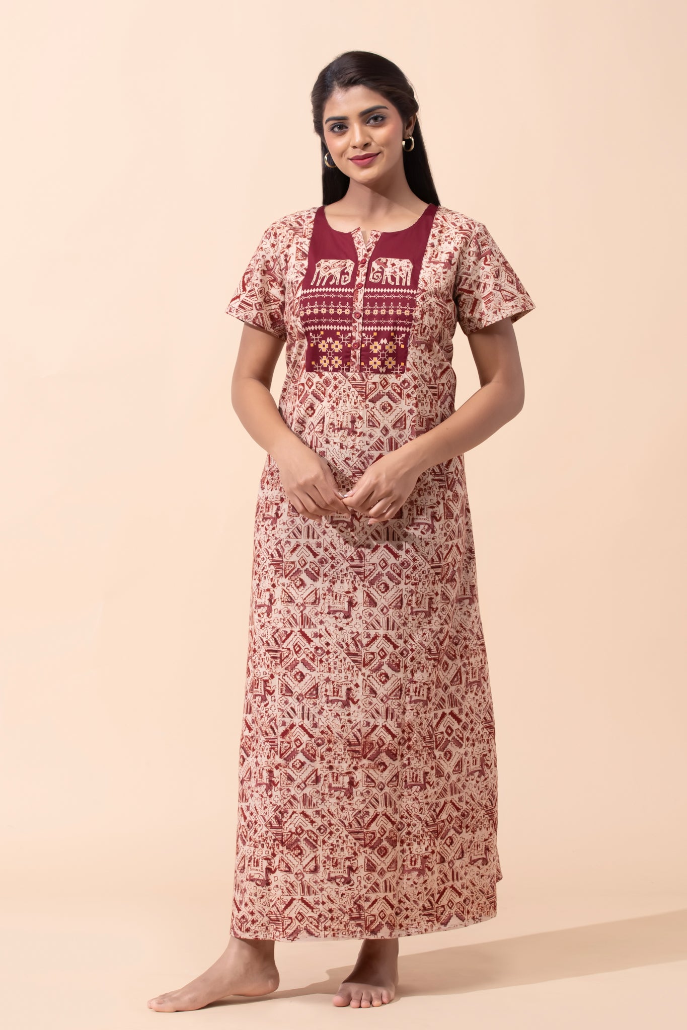 Maroon Kalamkari Cotton Nightwear