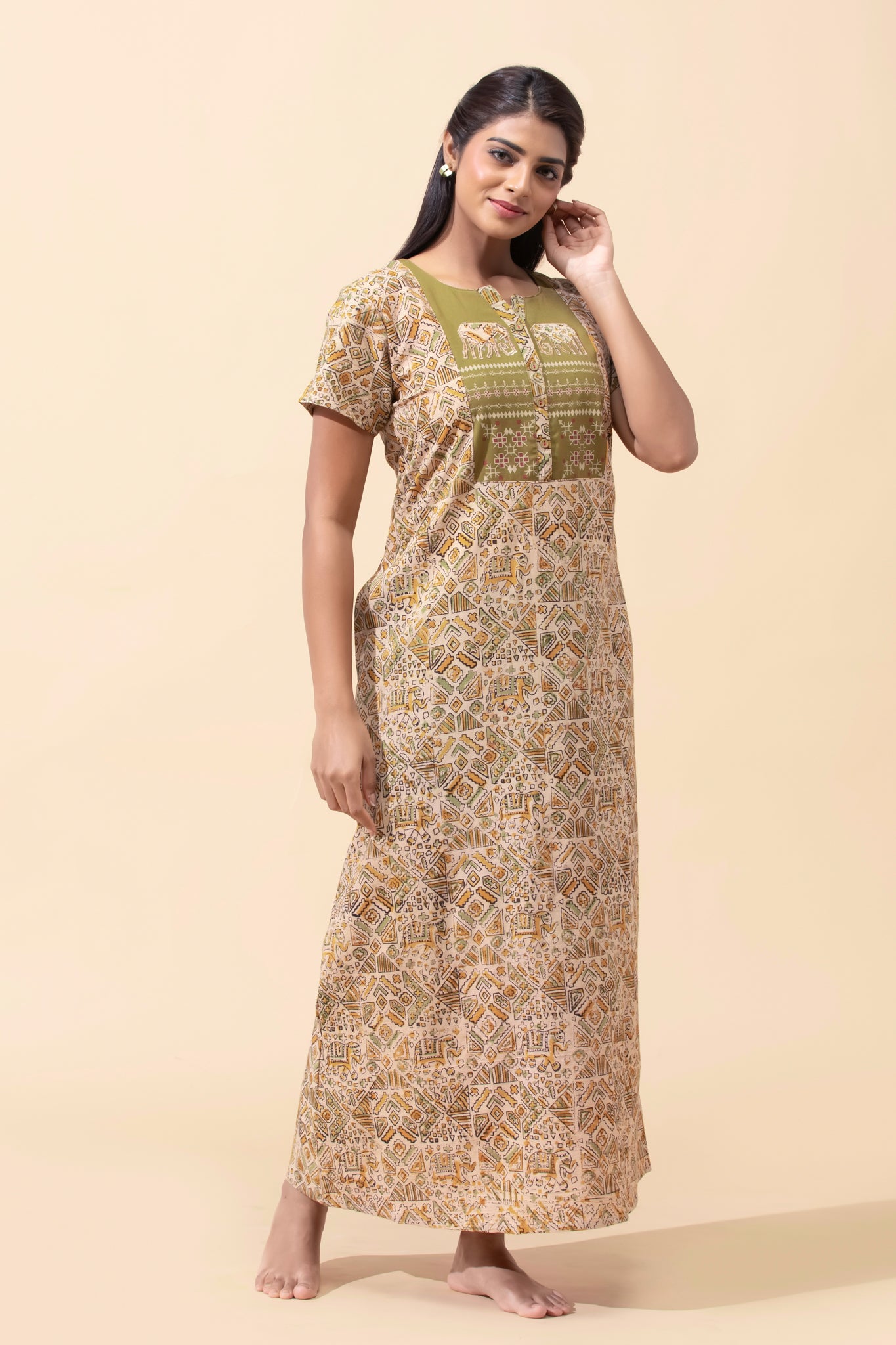 Mustard Kalamkari Cotton Nightwear