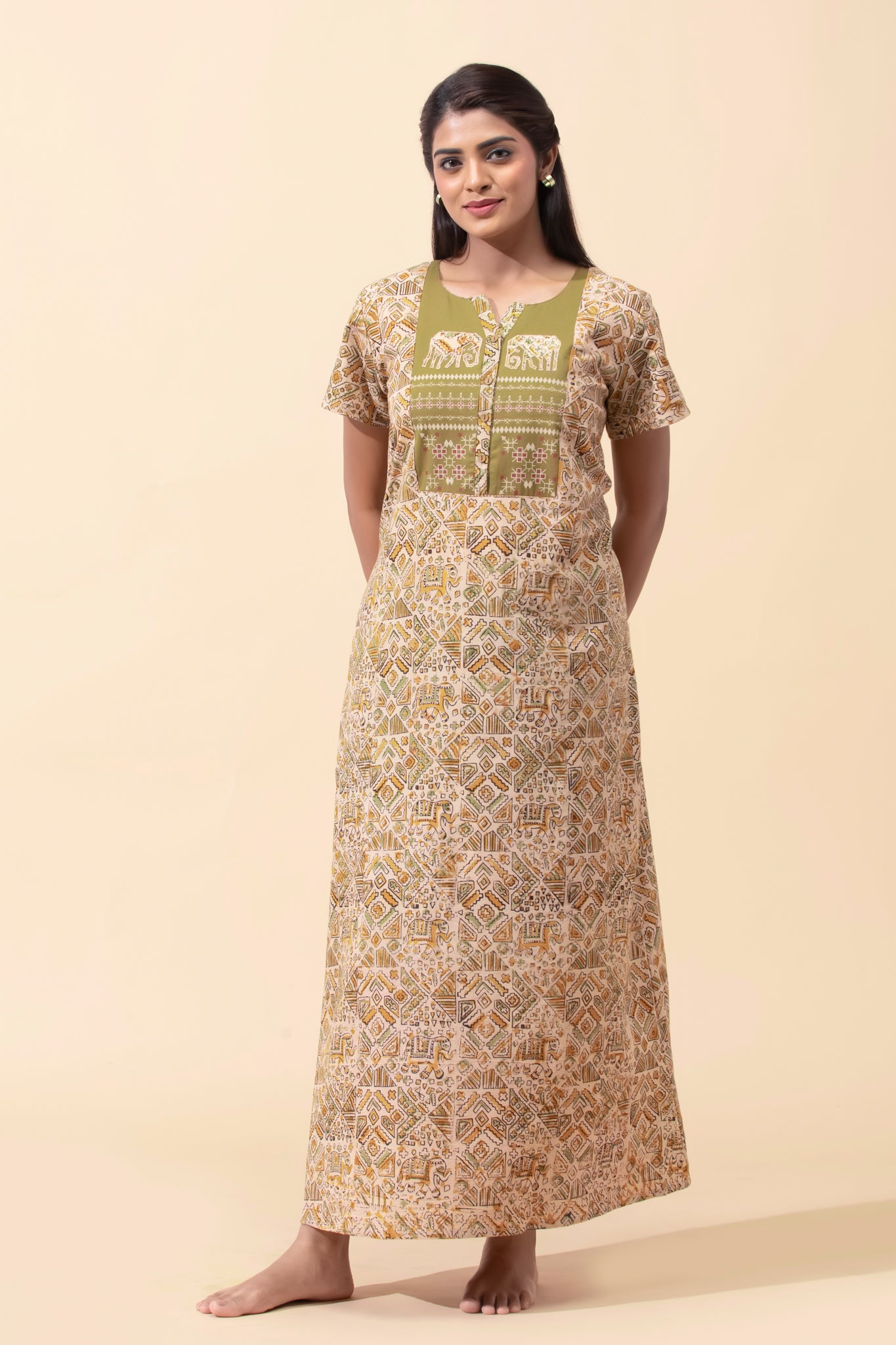 Mustard Kalamkari Cotton Nightwear