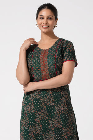 Green Floral Printred Cotton Nighty
