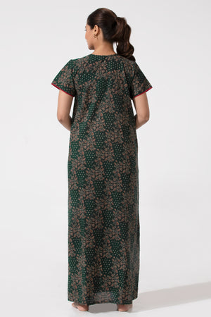 Green Floral Printred Cotton Nighty
