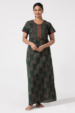 Green Floral Printred Cotton Nighty