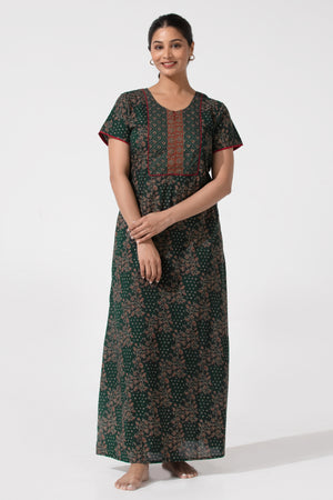 Green Floral Printred Cotton Nighty