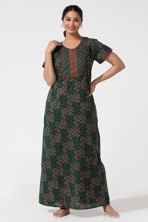 Green Floral Printred Cotton Nighty