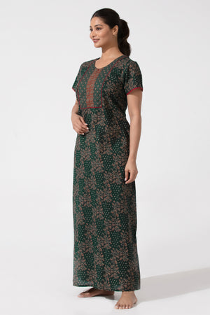 Green Floral Printred Cotton Nighty