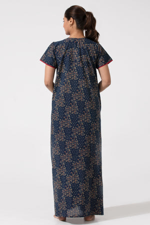 Navy Blue Cotton Nighty with Floral Printed Design